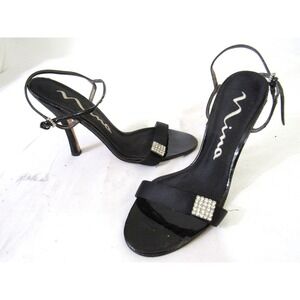 Nina Formal Black Satin Diamond Crystal Open Toe High Heel Pump Shoe Size 9M